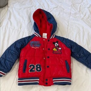 Disney Red and Navy Mickey Mouse Hooded Varsity Puffer Jacket